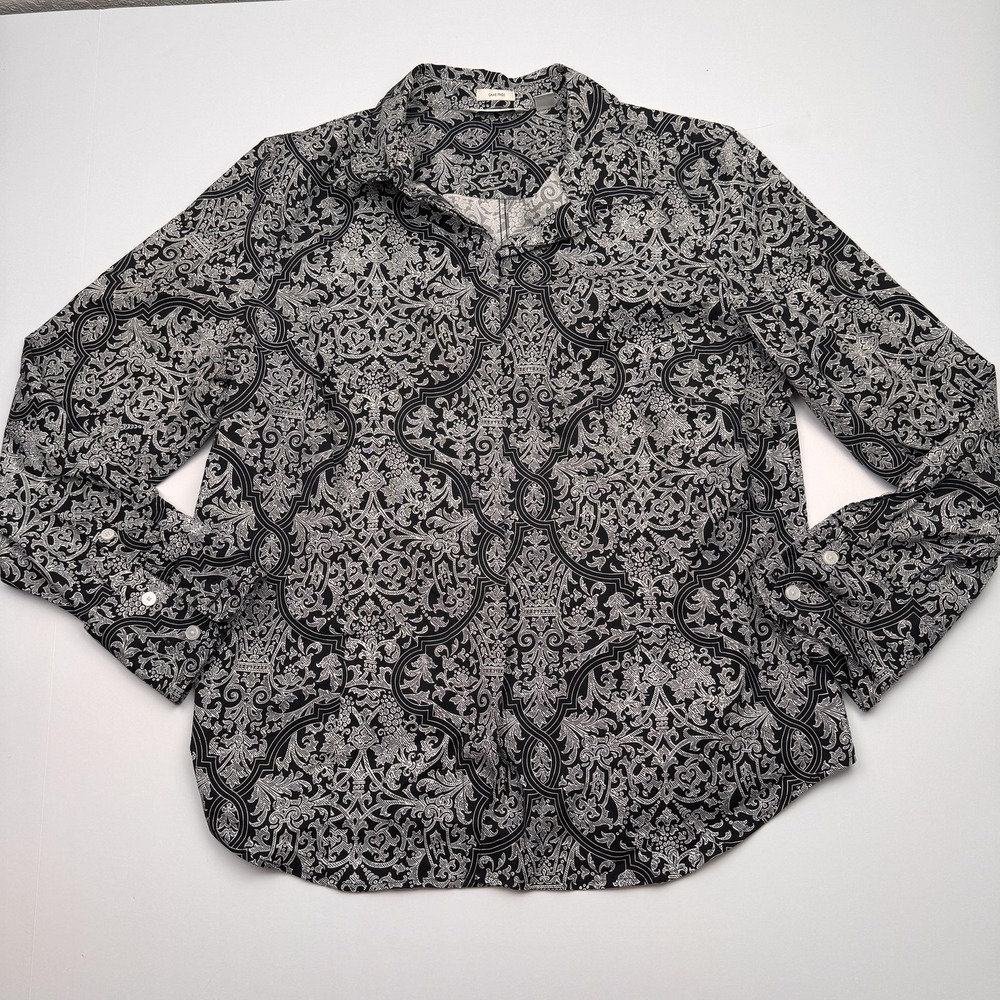Liz Claiborne Shirt Womens XL Black White Baroque Print Button Front Long Sleeve